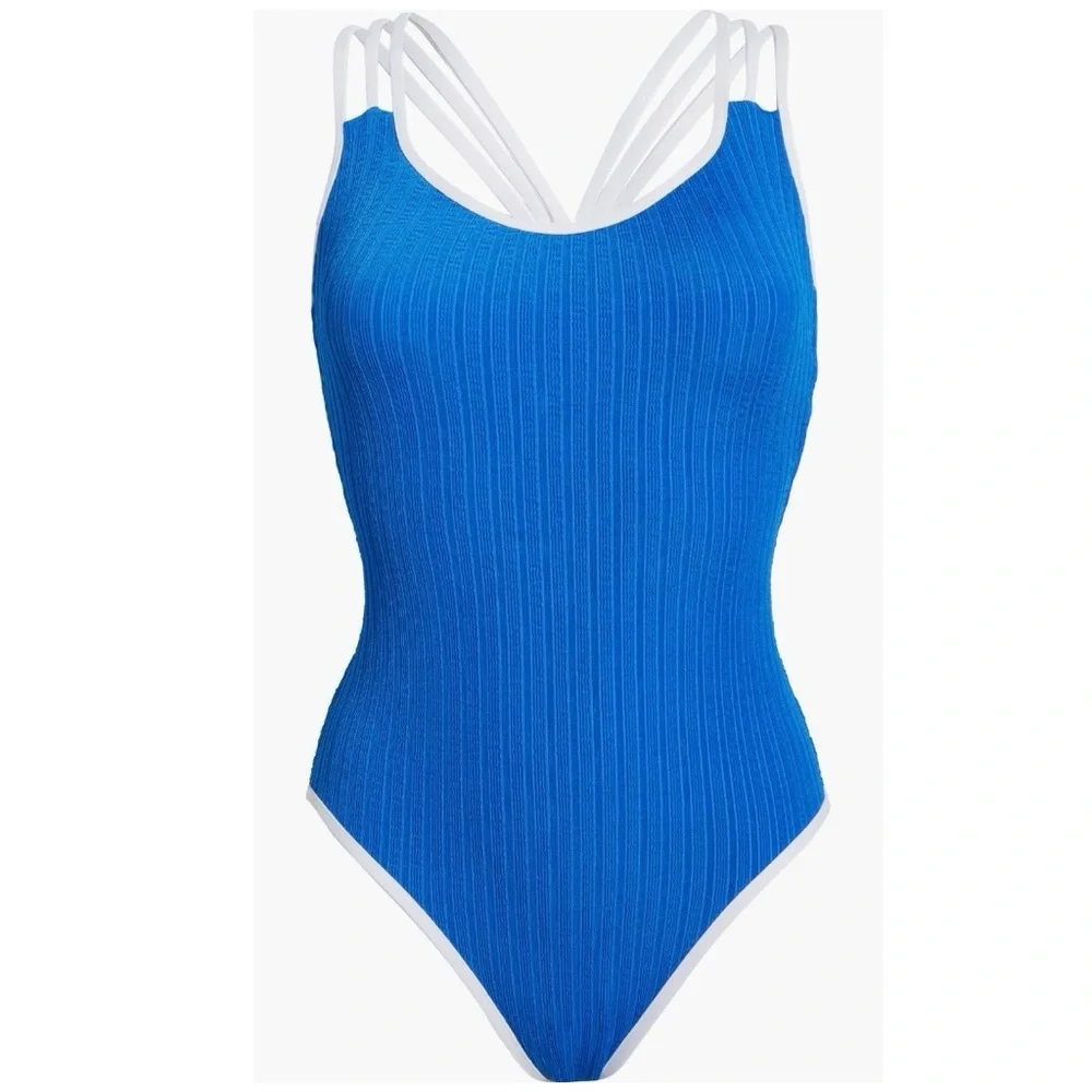 Becca Coral Crush One-Piece Blue Ribbed Strappy Racerback Swimsuit Size M